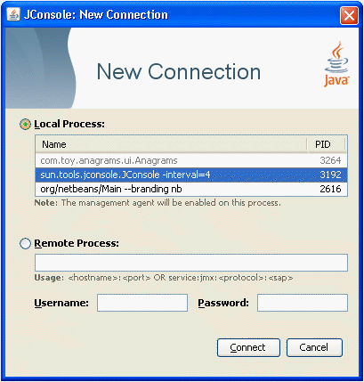 The dialog box for creating connections to local processes The dialog box for creating connections to local processes