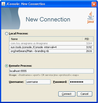 The dialog box for creating connections to remote processes The dialog box for creating connections to remote processes