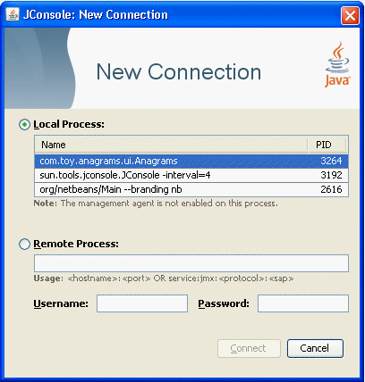 Attempting to connect to a local process without the management agent enabled. JConsole cannot connect to this application. Attempting to connect to a local process without the management agent enabled. JConsole cannot connect to this application.