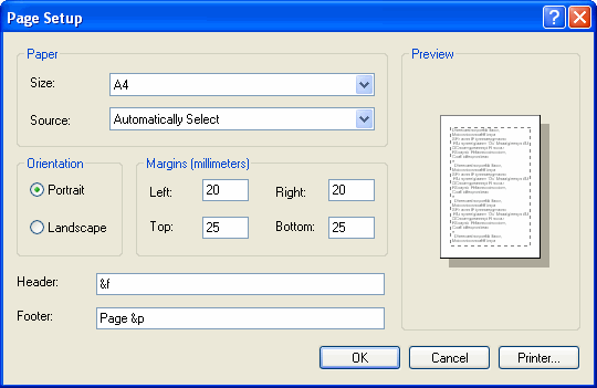 This figure represents a page setup dialog window 
