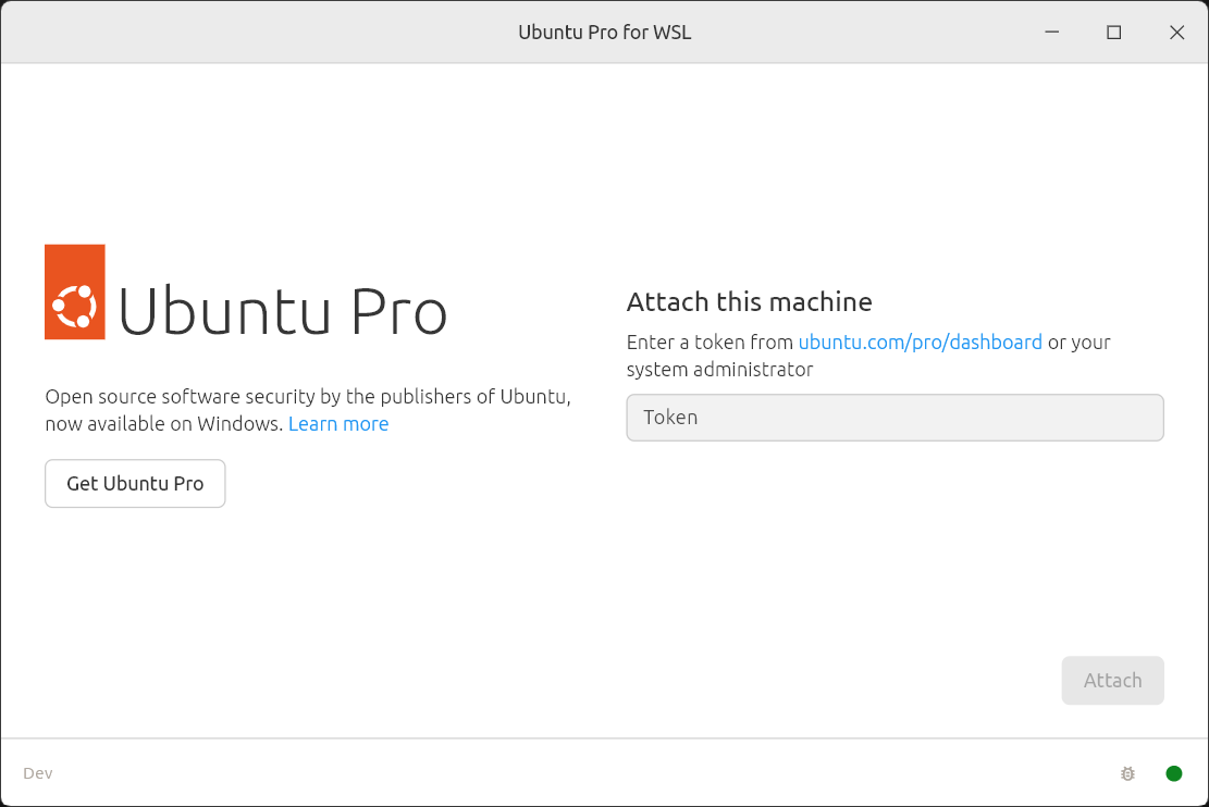 Graphical interface of Ubuntu Pro for WSL with option to paste Pro token.
