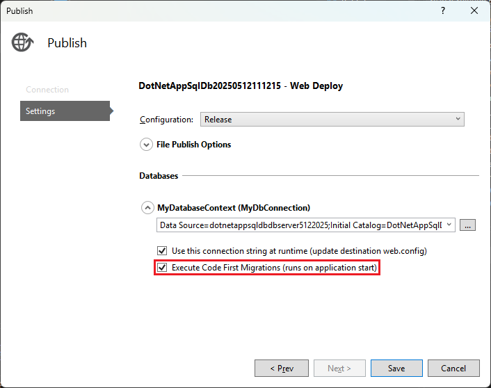 Screenshot that shows Enable Code First Migrations in Azure app.