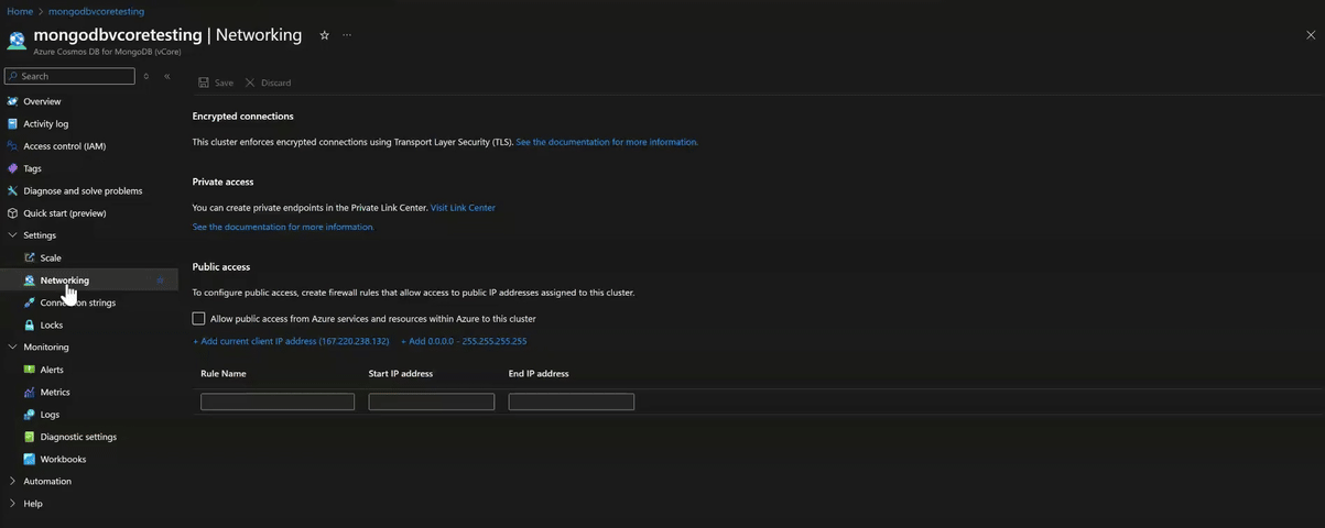 Animation that shows an update of firewall settings for Azure Cosmos DB for MongoDB in the vCore architecture.