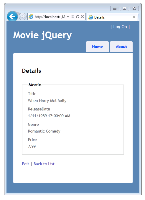 Movie jQuery 窗口的屏幕截图，其中显示了“详细信息”视图，其中影片的设置值显示在对 Movie dot cs 文件的编辑之后显示。