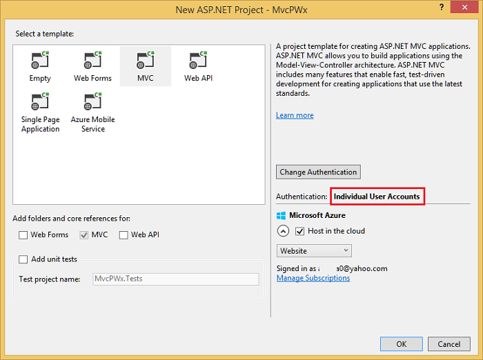 显示“新建 ASP.NET 项目”窗口的屏幕截图。默认身份验证“个人用户账户”已突出显示。