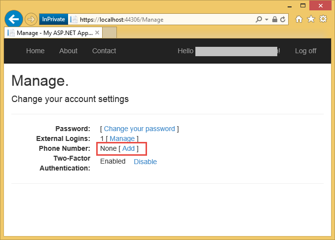 显示 ASP. NET 应用的“帐户设置”页的屏幕截图。突出显示“电话号码”部分旁边的“未添加”。