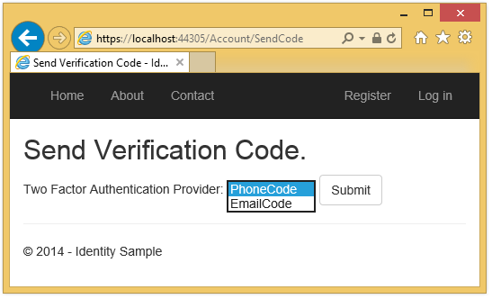显示“ASP.NET 应用程序发送验证码”页的屏幕截图。选中了显示“手机验证码”和“邮箱验证码”的下拉菜单。