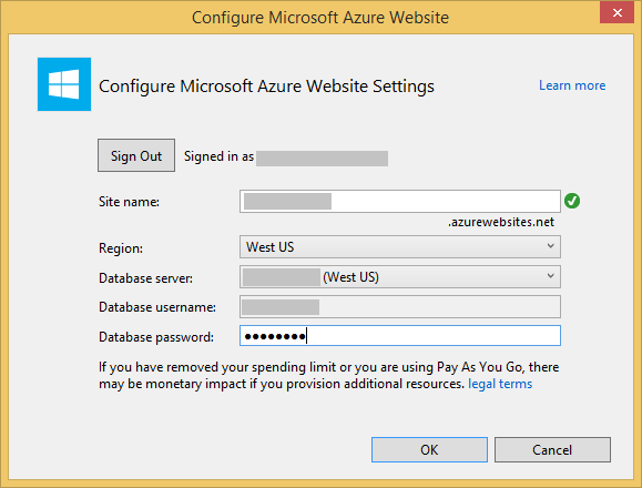 显示“配置 Microsoft Azure 网站”对话框的屏幕截图。输入示例数据库密码。