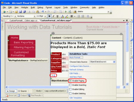 选中 DetailsView 的 Smart Tag 中的 Enable Paging 复选框