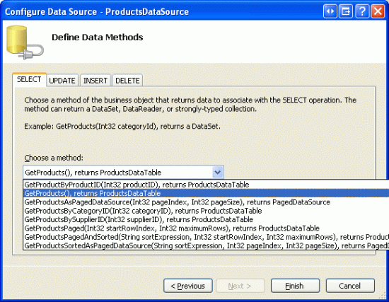 将 ObjectDataSource 配置为使用 ProductsBLL 类 s GetProducts 方法