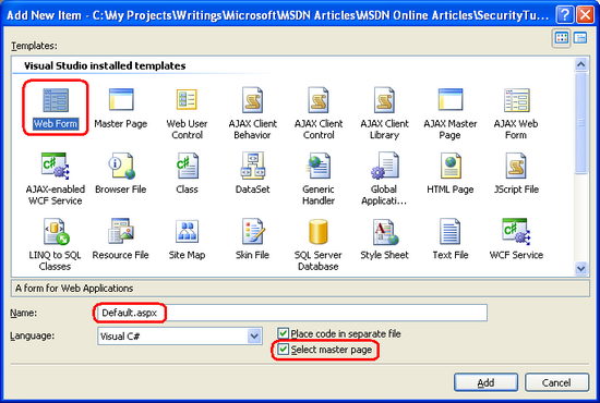 添加新的 Default.aspx 页 选择主页