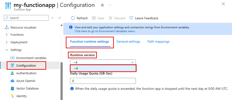 如何在 Azure 门户中查看应用的 Functions 运行时版本的屏幕截图。