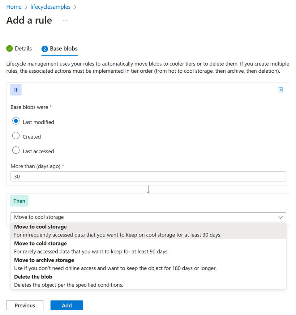 Azure 门户中生命周期管理基础 Blob 页的屏幕截图