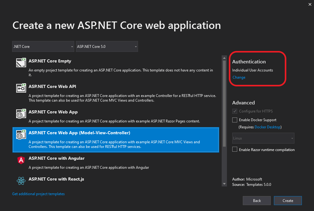 “新建 ASP.NET 核心 Web 应用程序”对话框的屏幕截图。