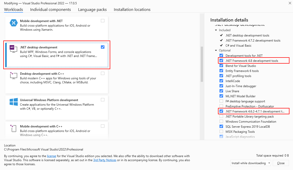 选中了 .NET Framework 选项的 Visual Studio 安装程序。