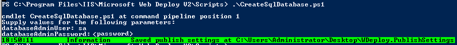 Powershell 控制台的屏幕截图，其中包含与现有发布设置文件连接的脚本和输出。