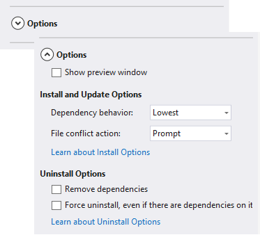 显示已展开的 NuGet 包管理器选项控件的屏幕截图。