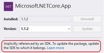 屏幕截图，其中显示了禁用了“更新”按钮的 NuGet 包。