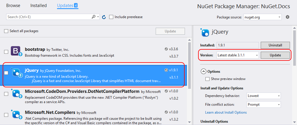 这是一张显示 NuGet 包管理器的屏幕截图，截图中选择了一个包，并且“更新”按钮被突出显示。