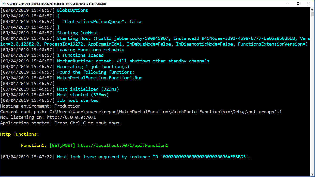 显示 Azure Function Runtime - 示例 1 的屏幕截图。