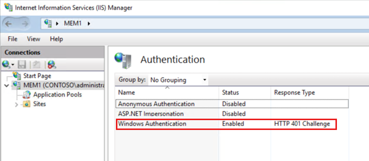 Internet Information Services Manager 窗口的屏幕截图，其中显示了已启用 Windows 身份验证。